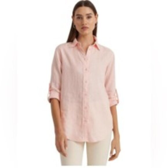 Lauren Ralph Lauren Pink Linen Button-Down Shirt Roll-Top Sleeves Top Medium EUC - Picture 7 of 7